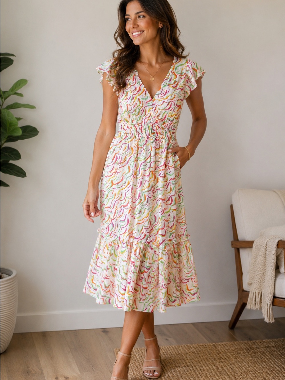 Hatley Colorful Ab Print Midi Dress XS Modal Flutter Sleeve | Smocked Waist